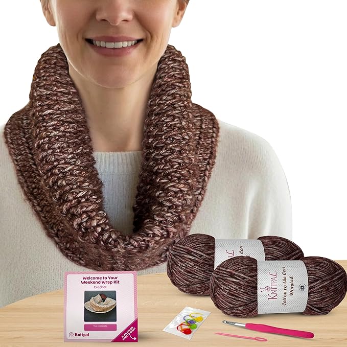KnitPal Crochet Weekend Wrap Kit for Confident Beginners – All-in-One Crochet Kit with Cotton Blend Yarn, Hook, Pattern & Video Tutorials (Caramel Brown)