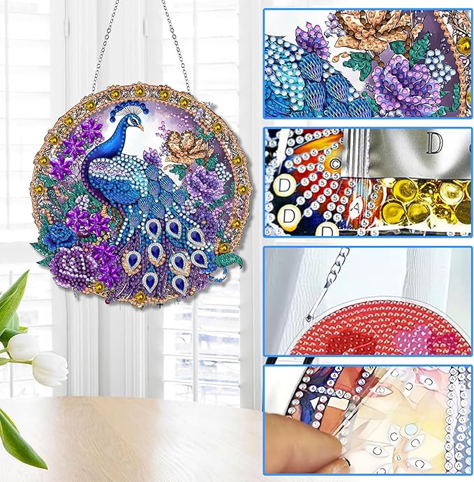 Reofrey Hanging Diamond Art Kits for Adults - 8x8 Inch Peacock Animal Acrylic Board Double Sided Pattern Diamond Painting Suncatcher Pendant, Crystal Art for Home Wall Window Decoration Handmade Gift