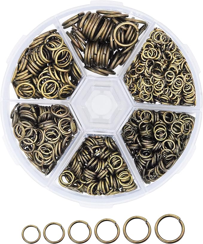 Mandala Crafts Assorted Antique Brass Jump Rings Jewelry Findings Metal O Rings for Jewelry Making Supplies - 1250 4mm to 10mm Small Open Jump Rings Kit for Necklace Earring
