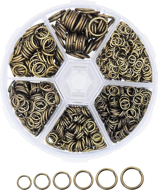 Mandala Crafts Assorted Antique Brass Jump Rings Jewelry Findings Metal O Rings for Jewelry Making Supplies - 1250 4mm to 10mm Small Open Jump Rings Kit for Necklace Earring