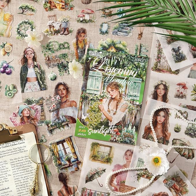 Stickers for Journaling, 20 Sheets Green Life Junk Journal Sticker, PET Washi Materials Scrapbooking Supplies for Adults, People Planner Transparent Decorative Art Crafts