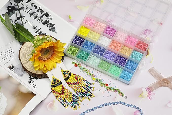 About 15600pcs 2mm 12/0 Glass Seed Beads 24 Colors Loose Beads Kit Bracelet Beads with 24-Grid Plastic Storage Box for Jewelry Making