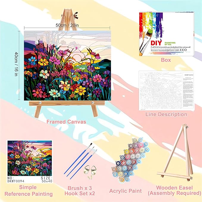 Flower Paint by Numbers for Adults with Framed Canvas-with Wooden Easel,Paint by Number on Canvas Stained Glass,DIY Acrylic Oil Painting Kits with Brushes Nice Gift Box for Home Wall Decor(16x20inch)