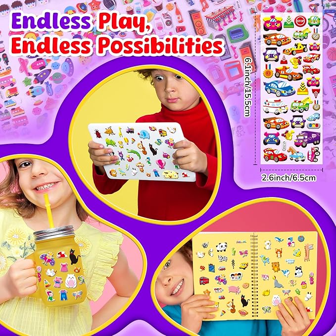 sinceroduct 3d puffy stickers for kids, 4000+ resuable foam sticker for toddler, boys, girls.safe and easy peel stickers for toddlers teachers as reward, craft scrapbooking