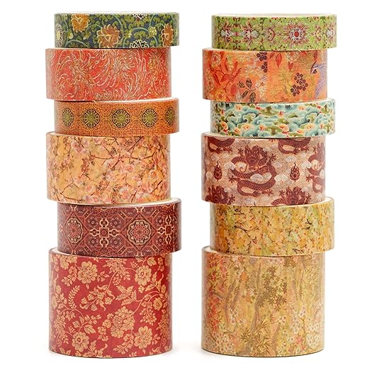 12 Rolls Chinoiserie Washi Tape Set Chinese Arts Adhesive Tapes Geometric Garden Decorative Masking Tape Sets for Craft, Kids, Scrapbook, DIY, Gift Wrapping (Moon Over The Borderlands)