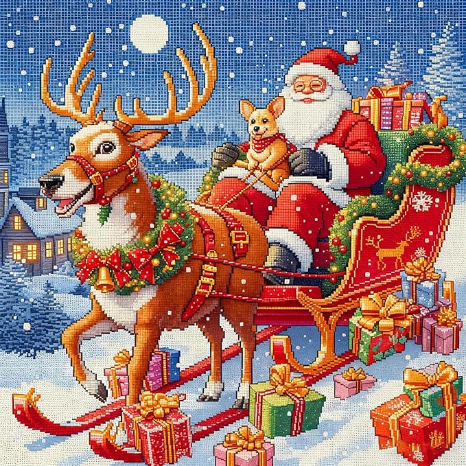 Zhenqing Santa Claus Cross Stitch Kit – 11CT 9.45x9.45in Aida Cloth with Gifts, Bells & Snowflakes – Festive Holiday Embroidery for Christmas Decor(67915)