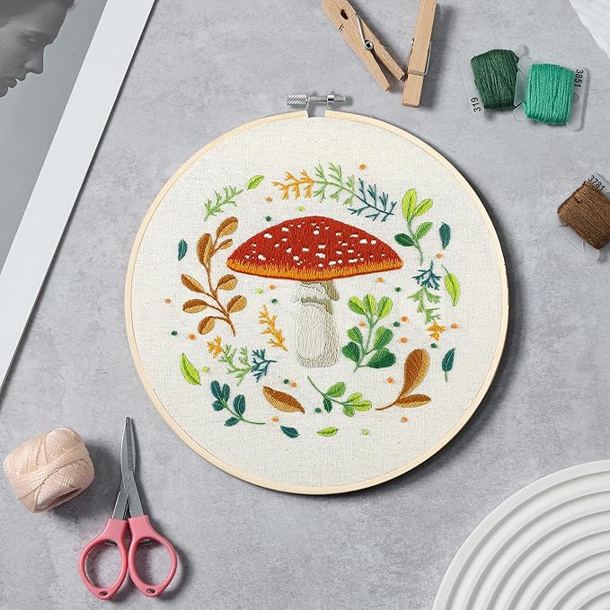 Bonroy 4 Sets Embroidery Kit for Beginners with Instructions,Cross Stitch Kits for Adults with Pattern,Needlepoint Kits for Adult Include Embroidery Cloth Hoops Needles Threads(Mushroom)