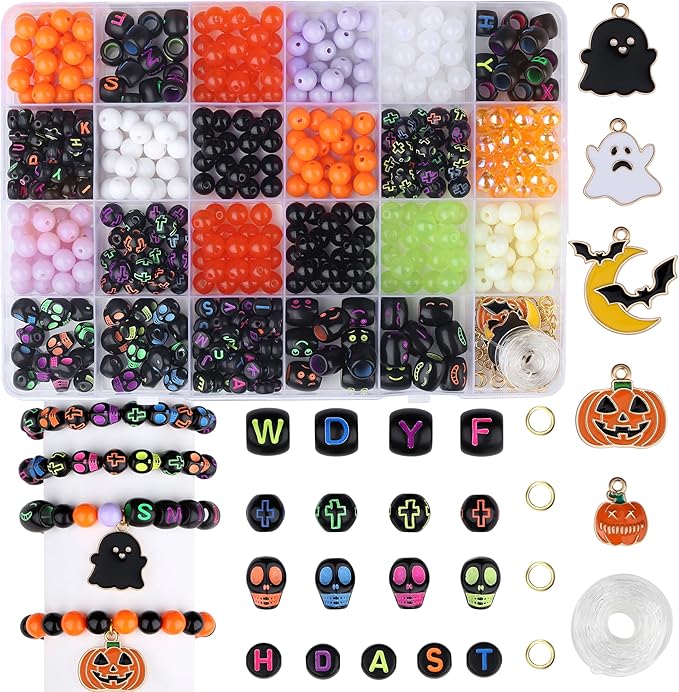 XIANNVXI 480pcs 23color Halloween Glass Beads Jewelry Making Kit Black Orange Purple White Friendship Bracelet Supplies with Halloween Pattern Beads Crafts