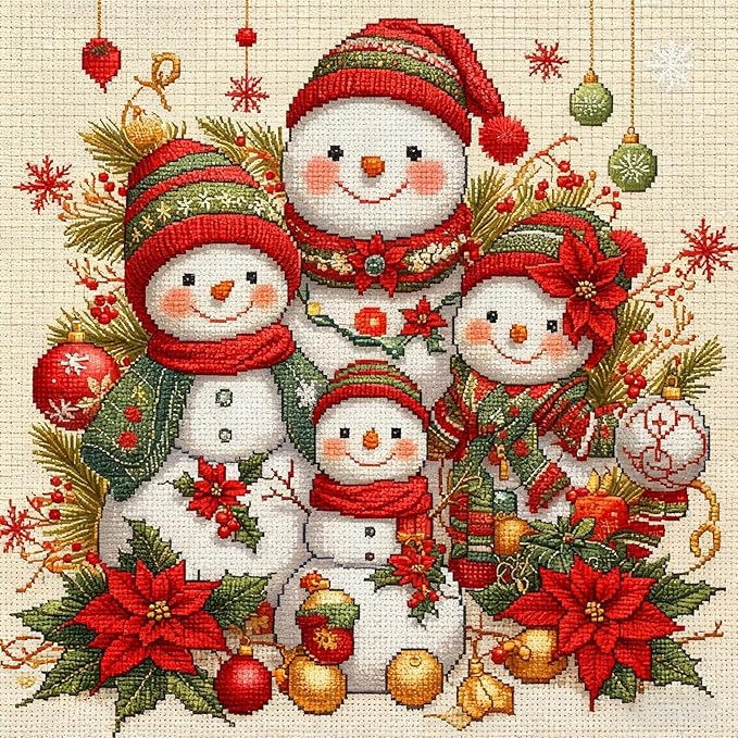 Zhenqing Christmas Snowman Cross Stitch Kit – 11CT 9.45x9.45 Inch Aida Cloth with 7 Snowmen, Holly & Roses – Festive Embroidery Set for Holiday Home Decor(67158)