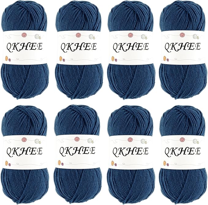 QKHEEYarn for Crocheting and Knitting 8 * 1.76 Oz (50G) /195yd, Fine/Fingering Weight (1), 60% Cotton 40% Acrylic Soft Yarn kit for Making Granny Squares and amigurumi (Navy)