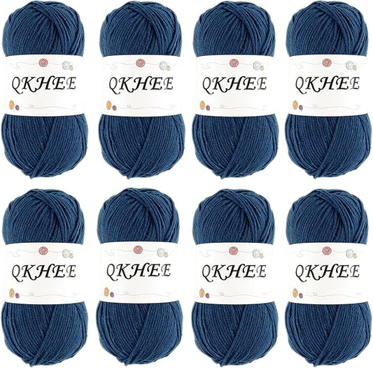 QKHEEYarn for Crocheting and Knitting 8 * 1.76 Oz (50G) /195yd, Fine/Fingering Weight (1), 60% Cotton 40% Acrylic Soft Yarn kit for Making Granny Squares and amigurumi (Navy)