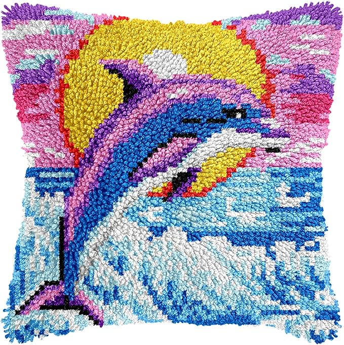 Manzapu Latch Hook Pillow Kits for Adults Beginner 17x17 inch - 43x43 cm Cute Small Shaggy Pillow Making Kits with Pre-Cut Yarn, Coded Canvas ＆ Crochet Hook Tool - Relaxing DIY Craft Gift