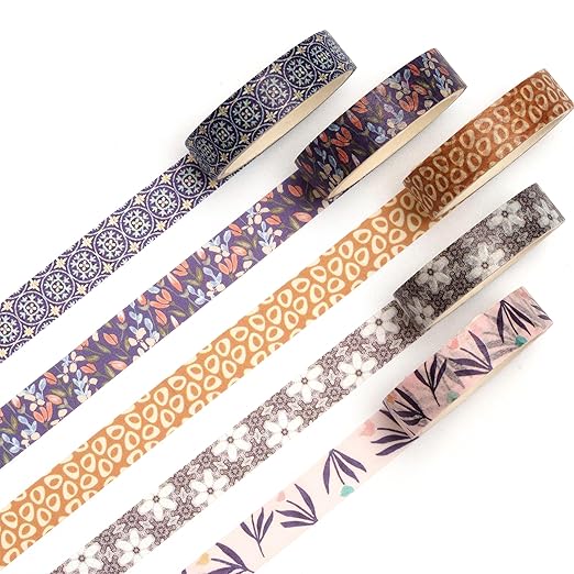 Fantasy Washi Tape Set - 5 Rolls Texture Arts Adhesive Tapes Basic Patterns Decorative Masking Tape Sets for Craft, Kids, Scrapbook, DIY, Gift Wrapping (3-Bohemian Bloom)