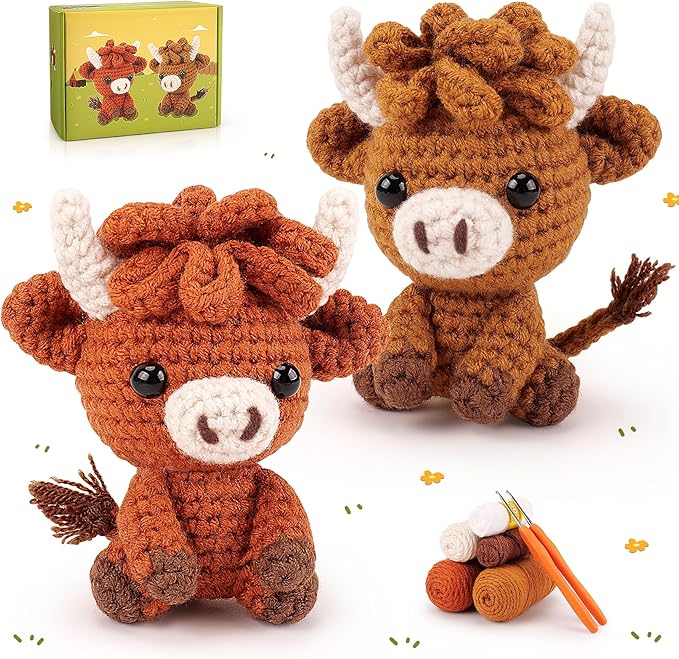 Highland Cow Crochet Kit for Beginners - 2PCS Animals Crochet Kit with Step-by-Step Video Tutorials, Highland Cows Crocheting Kit, Crochet Starter Kit for Adults, Animal Knitting Kit for Birthday