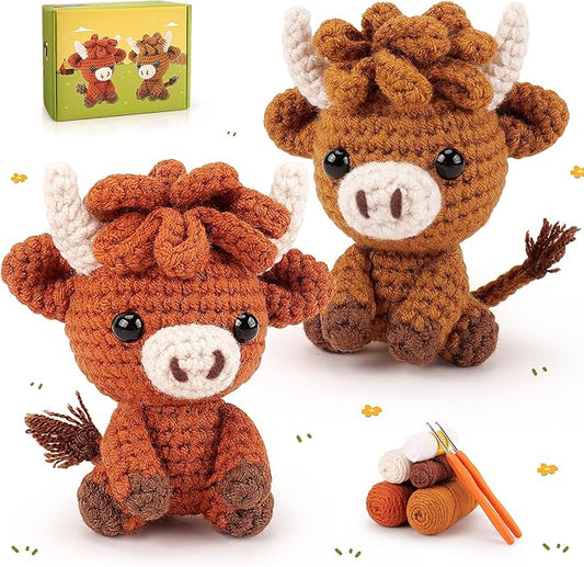 Highland Cow Crochet Kit for Beginners - 2PCS Animals Crochet Kit with Step-by-Step Video Tutorials, Highland Cows Crocheting Kit, Crochet Starter Kit for Adults, Animal Knitting Kit for Birthday