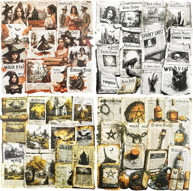 Witch Newspaper Dark Collage Stickers – 80pcs Vintage Gothic Paper Cutouts, Pre-Cut White Kraft Ephemera for Scrapbook Journal Junk Journal DIY Crafts