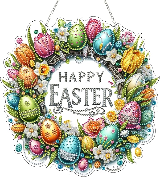 DIY Acrylic Diamond Art Painting Wreath Kits Special Shaped Rhinestone 5D Diamond Art Window Pendants Home Garden Wall Hanging Kits Hanging Ornament (Easter Wreath)