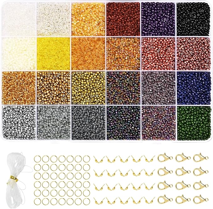 Vtssvow 2mm Glass Seed Beads for Bracelets Making, 24 Colors 22000pcs Friendship Bracelet Making Kit, Small Glass Beads for Jewelry Making (Mix 24 Color, Metallic)