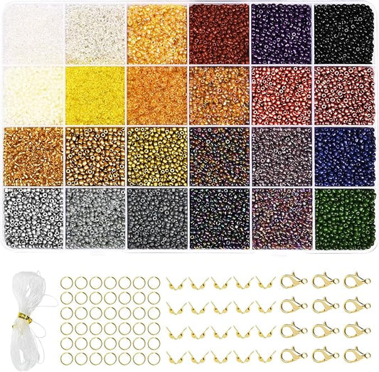 Vtssvow 2mm Glass Seed Beads for Bracelets Making, 24 Colors 22000pcs Friendship Bracelet Making Kit, Small Glass Beads for Jewelry Making (Mix 24 Color, Metallic)