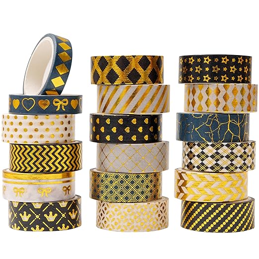 YUBBAEX 18 Rolls Black Gold Washi Tape Set Basic Patterns Foil Print Decorative Tapes for Arts, DIY Crafts, Bullet Journals, Planners, Scrapbook, Wrapping (15mm) (Black Gold Pack x 18 Rolls)