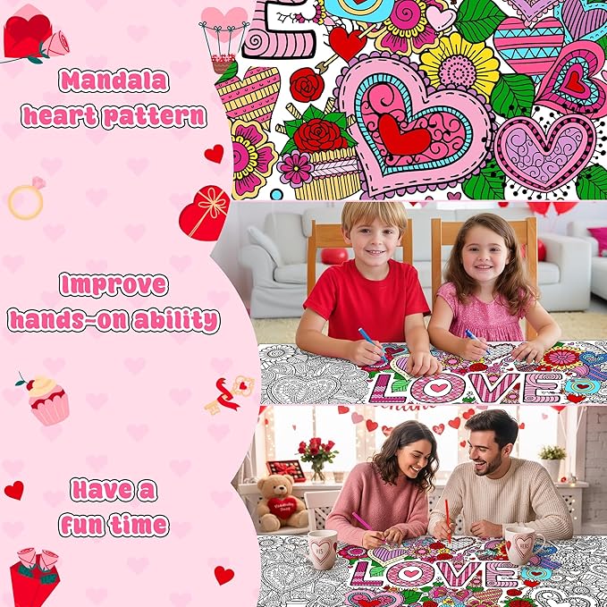 dvbonike jumbo love mandala coloring poster - valentine’s day heart flower diy drawing color-in paper blank art banner 55.1 x 23.6 inch wall decor, home classroom activity for kids party supplies