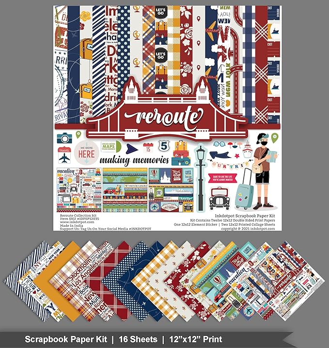 Inkdotpot Travel Collection Double,Sided Scrapbook Paper Kit Cardstock 12"x12" Card Making Paper Pack of with Sticker Sheet - 16 Pages - Multicolor