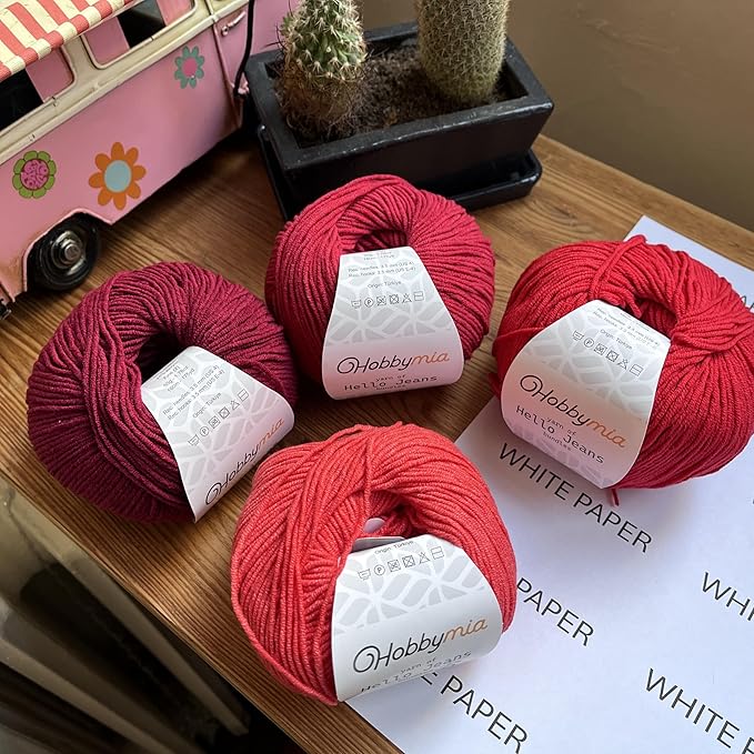 Cotton Yarn Kit - 4 Multicolor Balls Soft Sport Weight Yarn for Crochet & Amigurumi - 50g / 175yds Each & 10 Stitch Markers (H19 - Red)