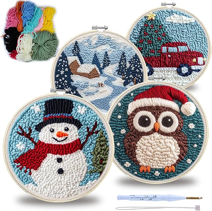 QBQBQ 4 Sets Christmas Punch Needle Kits Adults Beginner, Christmas Embroidery Kit with Printed Pattern and Bamboo Hoop, Festival Gift and Decoration