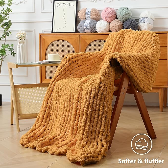 Chunky Yarn for Hand Knitting - #10 Chunky Chenille Yarn, Jumbo Big Thick Chunky Yarns for Crocheting, Super Bulky Chunky Knit Blanket Yarns, 8 Skein (25 yds 8 oz Each Skein), Mustard Yellow