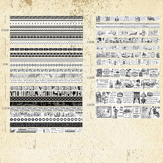 36 Rolls Vintage Washi Tape Pack Retro Arts Adhesive Tapes Wide Chronicle Decorative Masking Tape Sets for Craft, Kids, Scrapbook, DIY, Gift Wrapping (Black & White Light)
