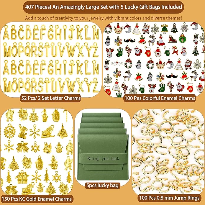 407 Pcs Jewelry Making Charms Kit with Jump Rings – Bulk Enamel, KC Gold & Letter Charms for DIY Necklace, Bracelet & Earring Craft Supplies
