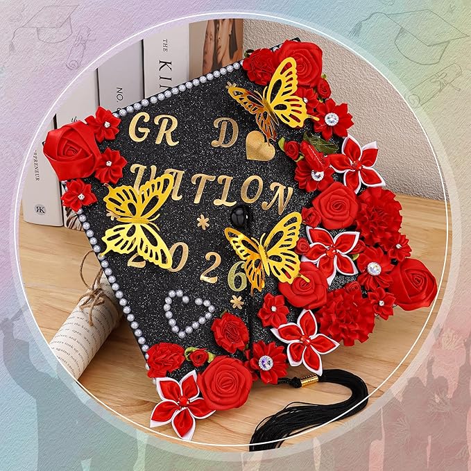 VISSTREE DIY Graduation Cap Decoration, 56 Pcs Cap Decorations for Graduation Kit 2026 DIY Grad Cap Graduation Gift with Red Paper Flowers 3D Glitter Butterfly Custom Number Letter Stickers Decor