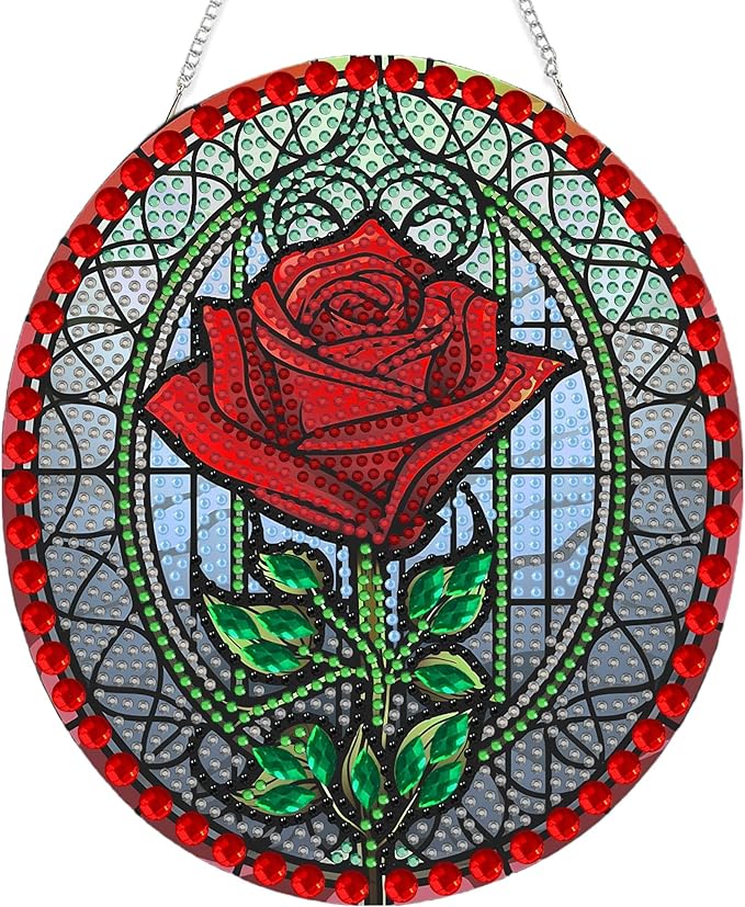 SKRYUIE Rose Hanging Diamond Art Kits for Adults Pendant Suncatcher, Special Shaped Crystal DIY Pearl Diamond Painting Kit, Gift for Mother Spring Summer Window Wreath Decor 7.95 x 7.01 Inch A8
