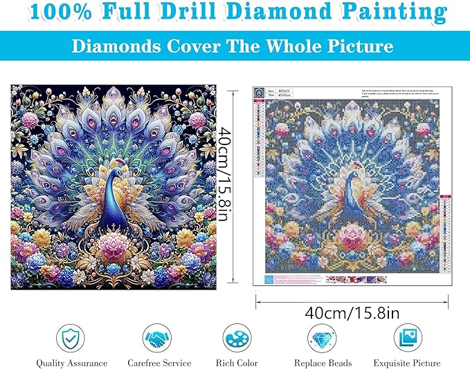 Meothan Diamond Art Kits for Adults, 5D DIY Colorful Peacock Diamond Painting Kits for Adults Beginners, Diamond Dots Kits Gem Arts Crafts for Living Room Bedroom Offices Home Wall Decor 16X16 Inch