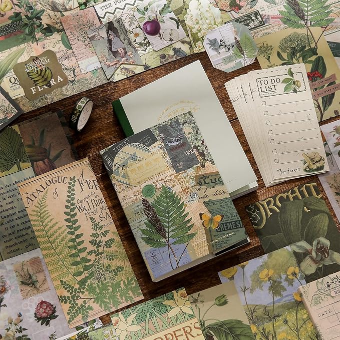 Scrapbooking Supplies Kit, Vintage Botanical Aesthetic Scrapbook Kit for Bullet Junk Journal, Stationery, A6 Grid Notebook, Flower DIY Journaling Supplies, Birthday Craft Gift for Teen Girl Women