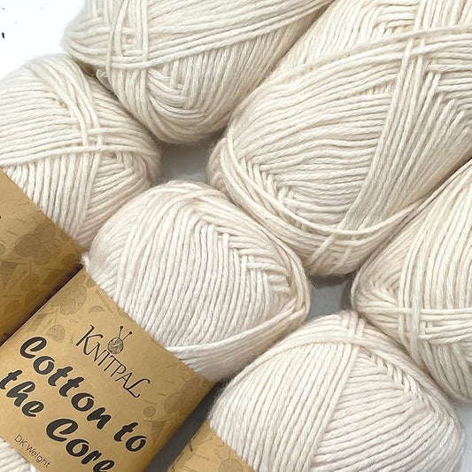 Cotton to The Core Cotton Yarn for Crocheting, 6-Pack (852 Yds / 300G), Free Patterns, Beginners Friendly - Soft Baby Yarn for Knitting - 3 DK Light Worsted Weight - Pearl White