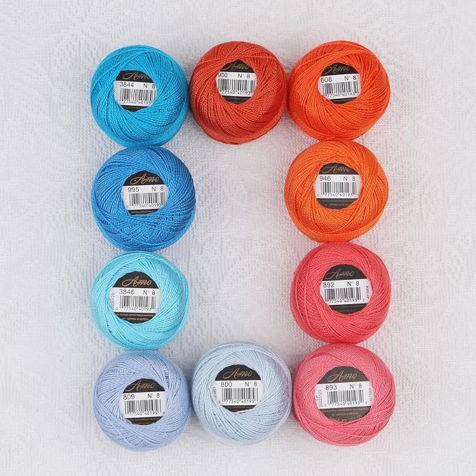 Size 8 Double Mercerized Egyptian Long Staple Cotton Pearl Thread Ball 5 Grams Rainbow Color Embroidery Thread 10 Colors per Box for Crochet Hardanger Cross Stitch Hand Embroidery (Set T)