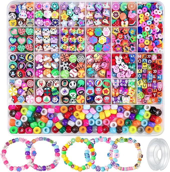 Gionlion 1200 Pcs Polymer Clay Beads Bracelet Making Kit Easter Basket Stuffers, 25 Style Animal Fruit Flower Butterfly Bunny Pony Letter Beads Charms for Jewelry Making, DIY Art and Crafts Toys Gifts