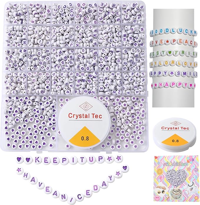 nikkiGuo 1250pcs 4x7mm White Round Acrylic Alphabet Beads A-Z Heart Beads with Numbers Crystal Line for Jewelry Bracelet, Necklace and Key Chains (Purple White Color)