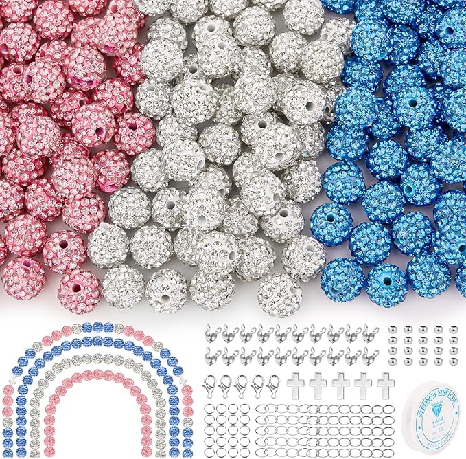 256Pcs Rhinestone Beads 10mm Kit for Jewelry Making, 3 Colors Round Disco Ball Beads Set with Cross Charms and Accessories for DIY Baseball Necklaces Bracelets Earrings Crafting