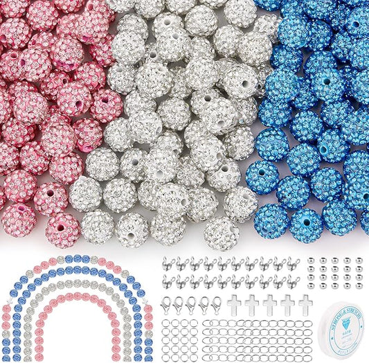 256Pcs Rhinestone Beads 10mm Kit for Jewelry Making, 3 Colors Round Disco Ball Beads Set with Cross Charms and Accessories for DIY Baseball Necklaces Bracelets Earrings Crafting