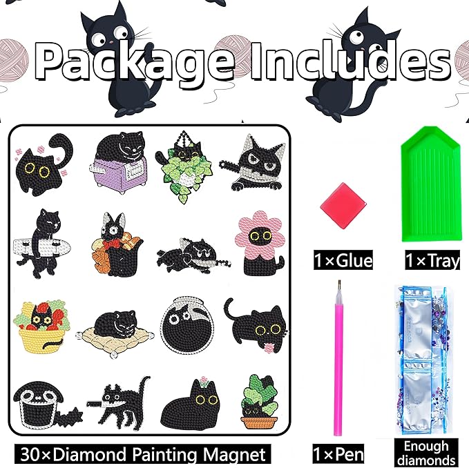 30 Pcs Black Cat Diamond Painting Magnets Kits Diamond Art Fridge Magnet Refrigerator Sticker Diamond Painting kit for Beginners Adults DIY Art Craft Gifts Home Decors