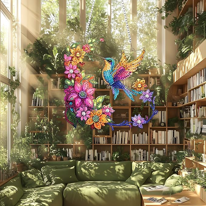 Lxmsja DIY Hummingbird Diamond Painting Hanging Ornament, Double-Sided Acrylic Colorful Flowers Diamond Art Kit, Special Shaped Suncatcher Hanging Pendant Window Art Kit 8x8 inch
