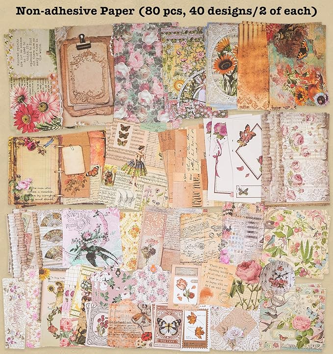 Knaid 200 Piece Vintage Ephemera Bundle - Paper & Sticker Kit for Junk Journaling, Scrapbooking, Planners, Bullet Journals, Collage, Decoupage - Cottagecore Themed - Pastel/Earthy Tones