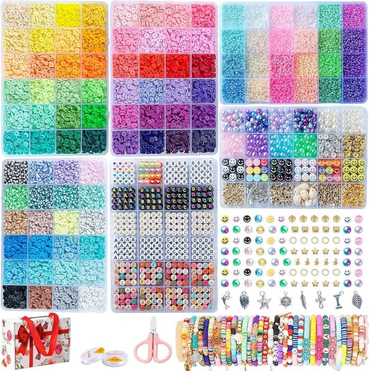 sjzwsd 6-box friendship bracelet making kit - 16,000pcs clay, seed & glass beads collection, letter beads, charms