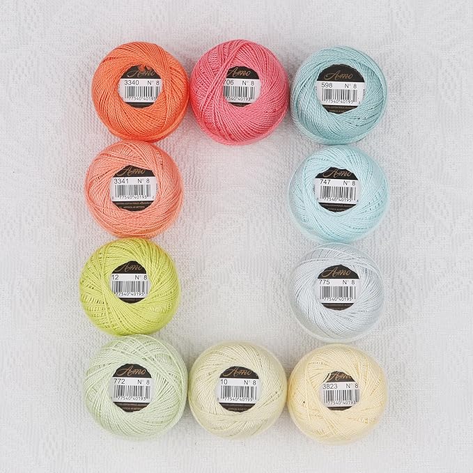 Size 8 Double Mercerized Egyptian Long Staple Cotton Pearl Thread Ball 5 Grams Rainbow Color Embroidery Thread 10 Colors per Box for Crochet Hardanger Cross Stitch Hand Embroidery (Set U)