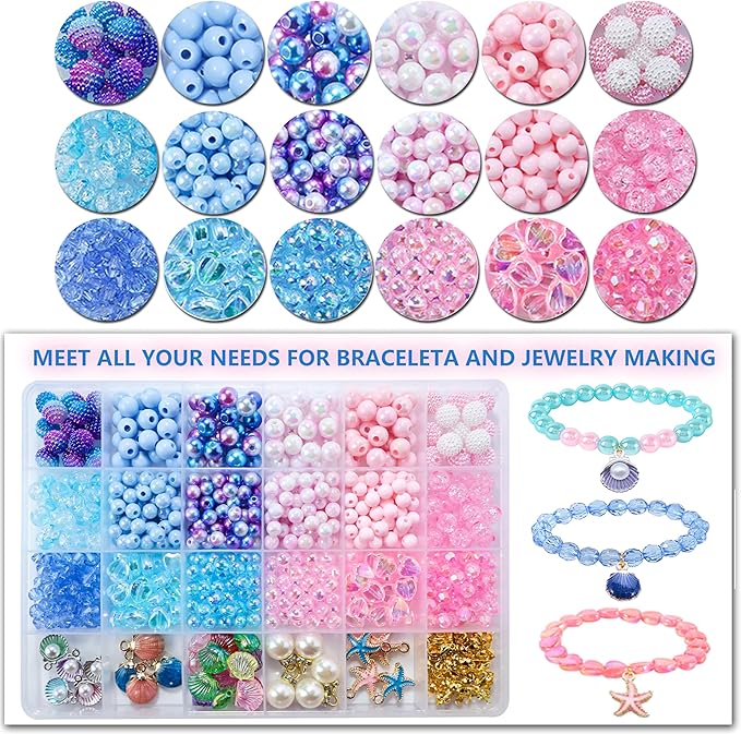 jinnbey ocean style pearl bead jewelry making kit, acrylic letters loose beads for necklace bracelet making, with shell starfish pendant cute beads, gifts for kid adults handicraft enthusiasts