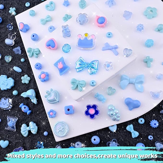 Omiposs 300Pcs Acrylic Beads for Bracelet Making with Cute Kawaii Charms, Beads & Assortments for Friendship Bracelets, Jewelry Making DIY Necklace Keychain Phone Charm Craft Gifts (Blue)