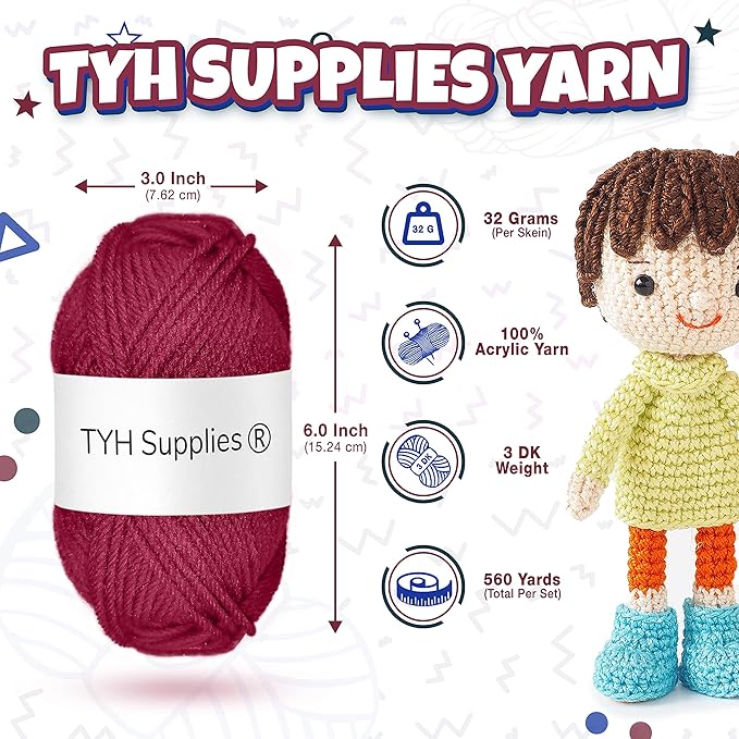 TYH Supplies 8 Acrylic Yarn Skeins Dark Colors | 560 Yards Soft DK Light Worsted Yarn for Knitting & Crocheting – Amigurumi, Hats, Scarves, Small Crafts – Crochet Kit for Beginners & Adults