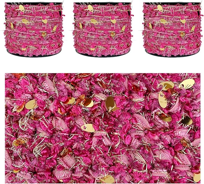 Artisanal Yarn Collection Multifiber Fancy Yarn with Gold Sequins for Knitting Crocheting Crafts DIY, Set of 3 Rolls (Rose Pink & Gold)